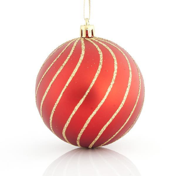 Vánoční ozdoby Plastové červené koule se zlatými liniemi, 8 cm, SET 6 ks