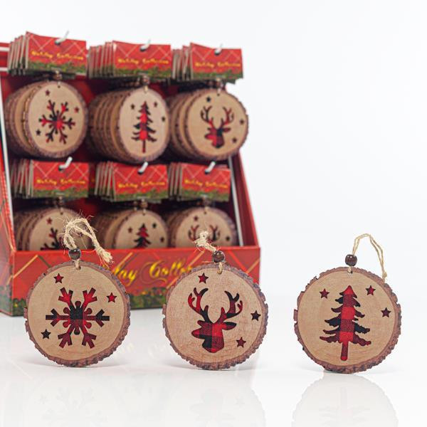 Dřevěné ozdoby s červenými kostkovanými vzory, 3 vzory, 72 ks, 10,8 cm, cena za 1 kus