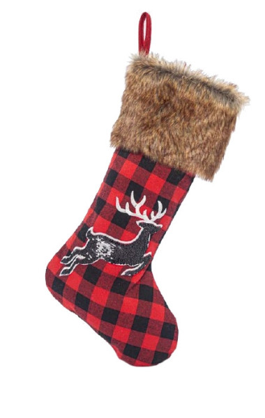 Eurolamp Vánoční dekorace ponožka červená károvaná s jelenem, 55 cm, 1 ks