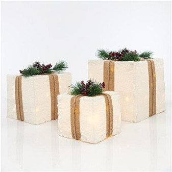 Eurolamp Vánoční dekorace osvětlené dárkové krabičky s bílou kožešinou, set 3 ks, 15/20/25 cm