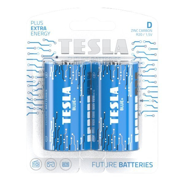 TESLA BLUE+ Zinc Carbon baterie D (R20, velký monočlánek, blister) 2 ks