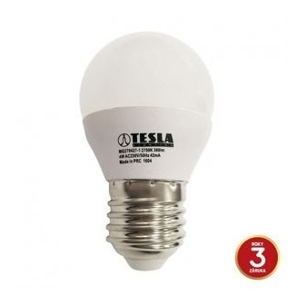 TESLA - LED  MG270427-1, žárovka mini BULB E27, 4W, 230V, 320lm, 15 000h, 2700K teplá bílá, 180°