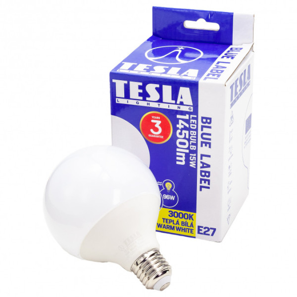 TESLA - LED  GL271530-5, žárovka GLOBE E27, 15W, 230V, 1450lm, 30 000 hod, 3000K teplá bílá, 300
